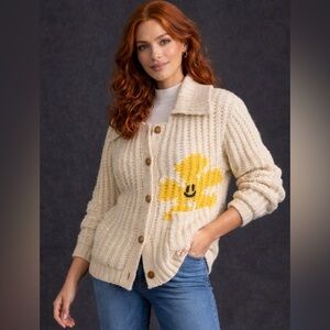 Pilcro Chunky Knit Cardigan Sun Smiley Graphic Button Sweater Small